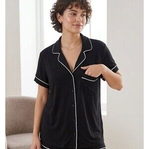 Auden Cloud Knit Pajama Top Medium Black White Piping Short Sleeve Collared NWT